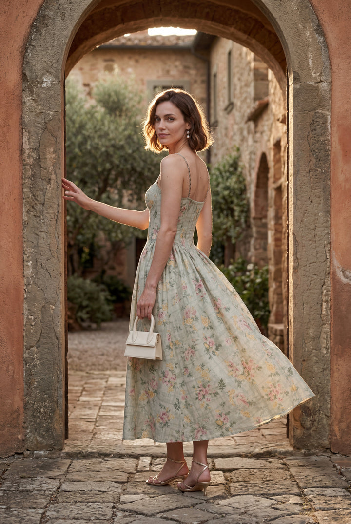 Summer event floral midi dress, sweetheart neckline and adjustable straps for fit.