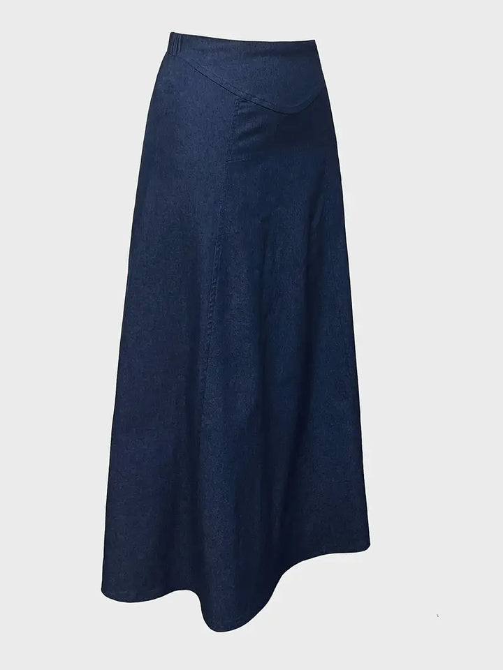 Women's stylish A-line denim-look midi skirt, perfect for casual spring & summer everyday wear. Classic & versatile.