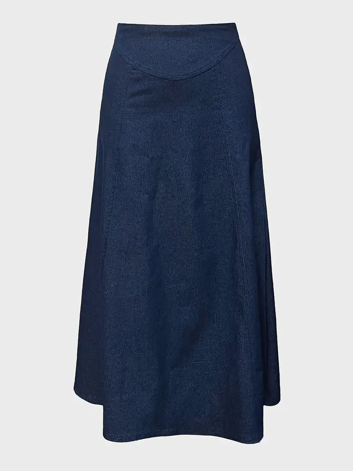 Classic women's denim-look A-line midi skirt. Versatile for spring & summer, offering a stylish, casual look.