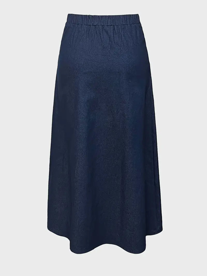 Stylish women's denim-look A-line flared midi skirt, ideal for casual and everyday feminine fashion.