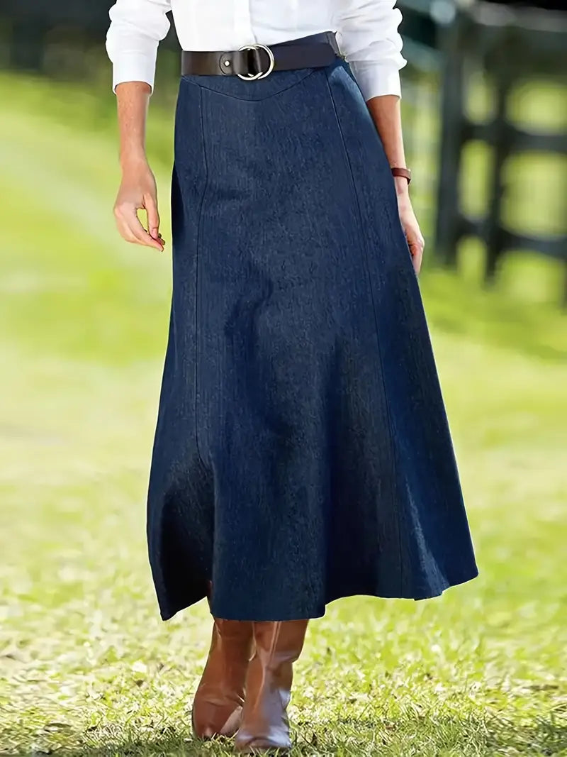Feminine A-line midi skirt with a denim look, flared design. Stylish & comfortable for women's casual fashion.