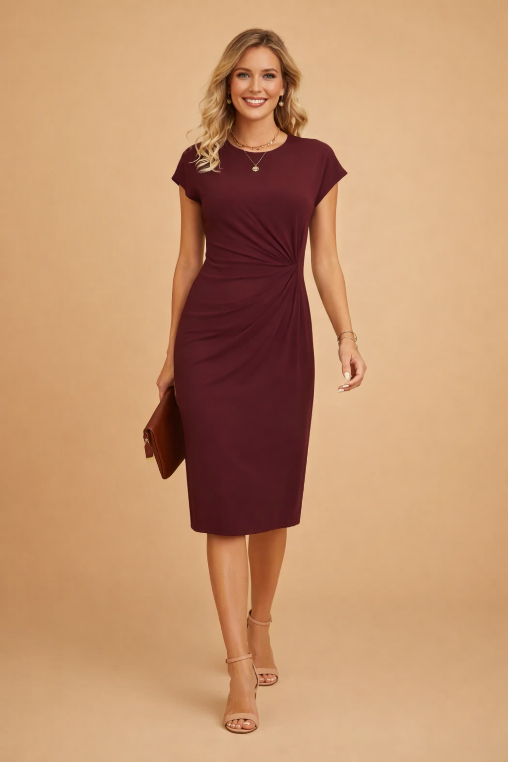 Elegant women's midi dress with a flattering front knot, perfect for special occasion or smart casual events.