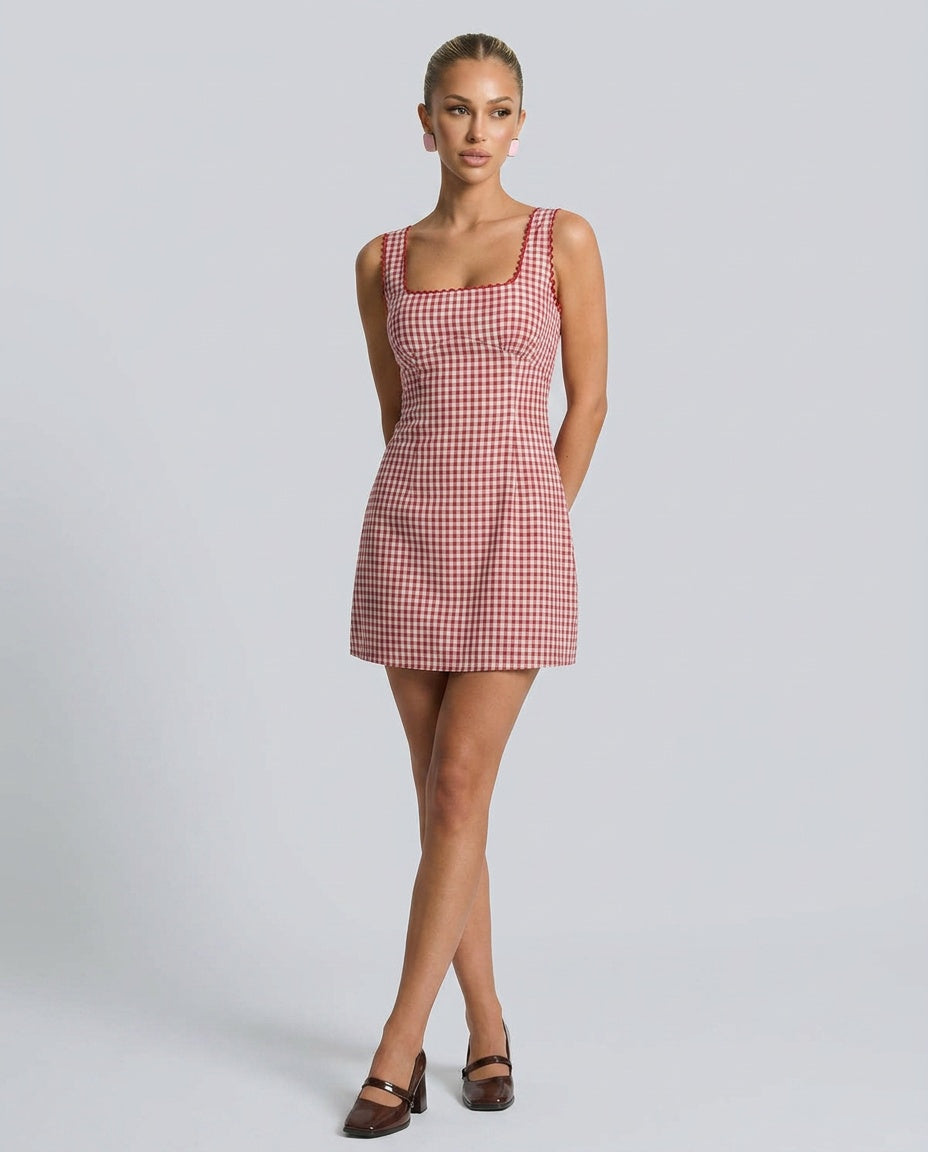 Women's elegant red square neck mini gingham dress, perfect for summer fashion & warm weather.