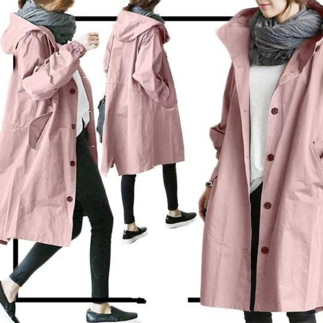 Stylish women's long hooded trench coat. This ladies' weatherproof outerwear is ideal for fall & winter fashion.