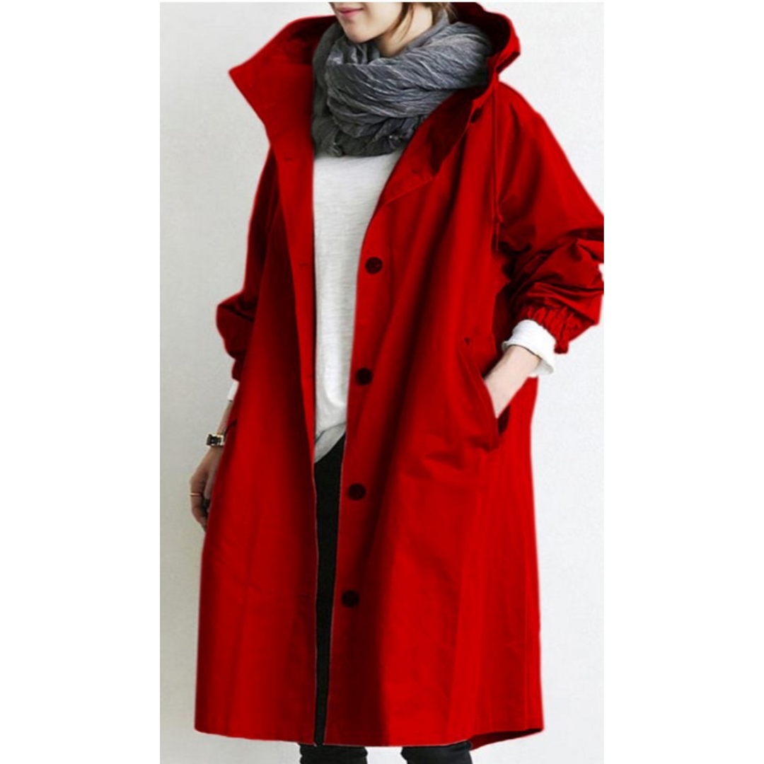 Fashionable women's long trench coat with hood. Weatherproof design, perfect for fall and winter ladies' outerwear.