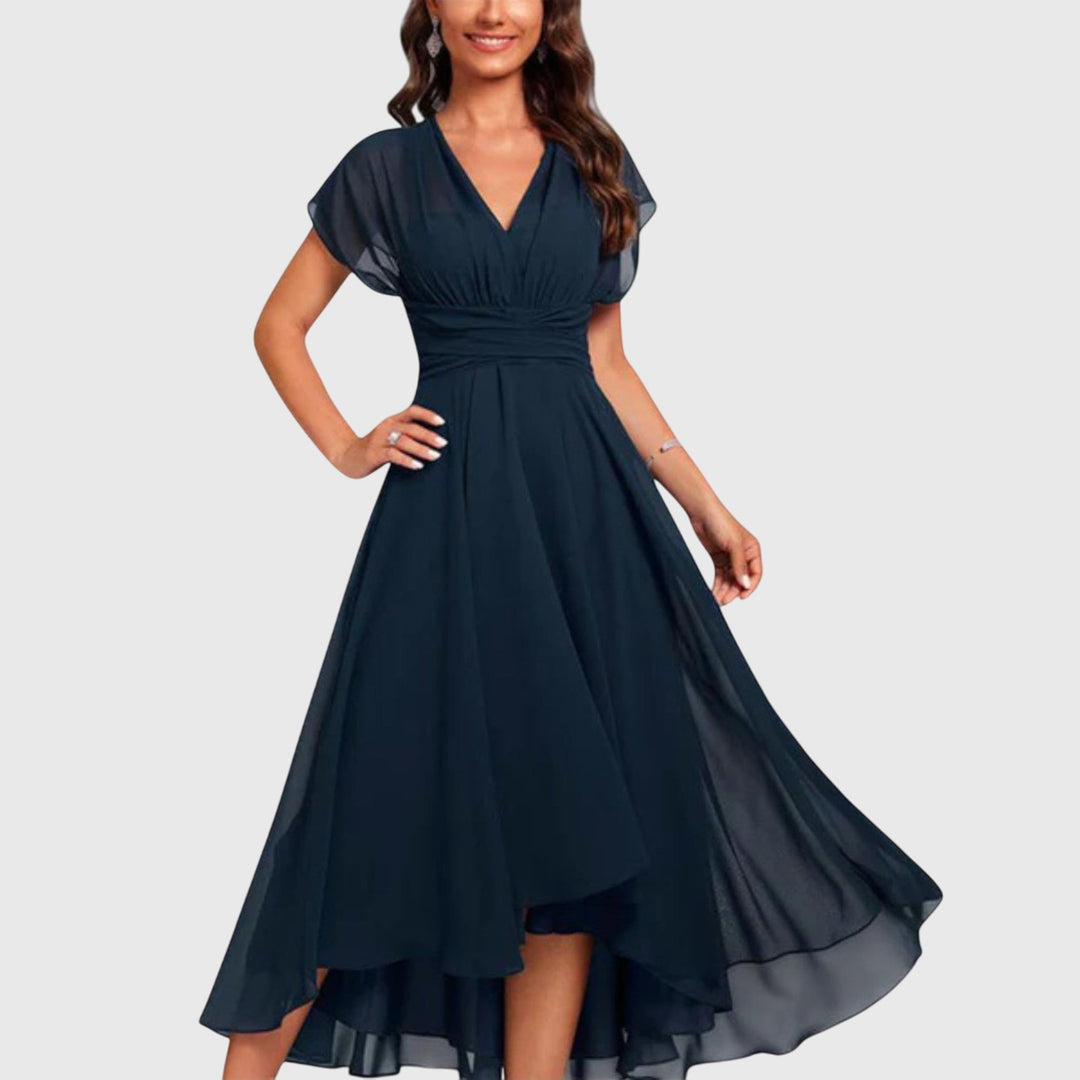 Isadora

Wait, | Women's V-Neck Short Sleeve Midi Dress - Navy - Image 1