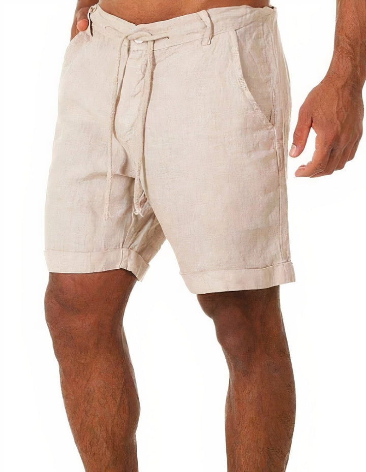 Men's natural linen drawstring shorts, perfect for summer casual wear & beach vacations. Relaxed fit.