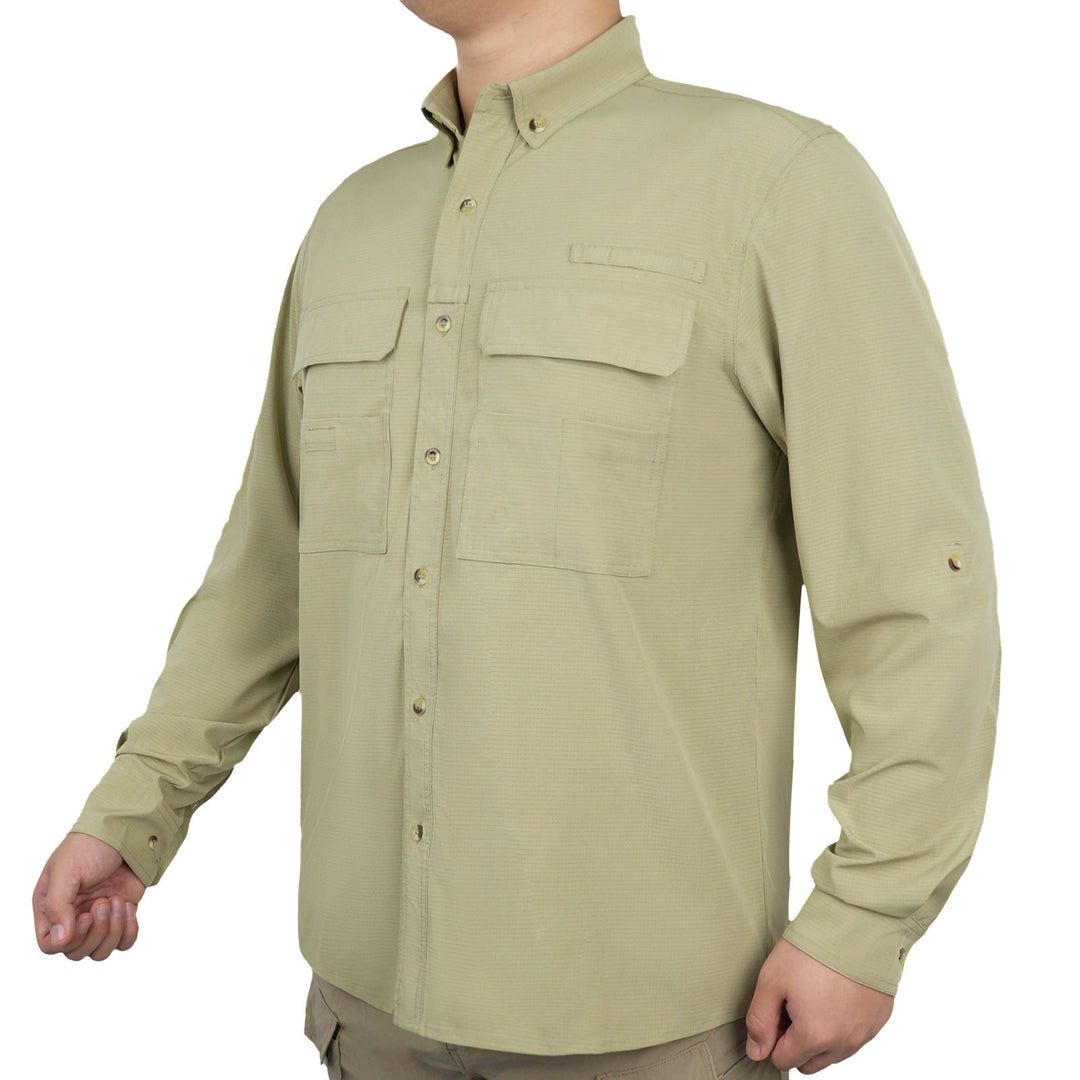 Breathable men's quick-dry long sleeve performance shirt, perfect for fishing, hiking & adventure. Sun protection activewear.