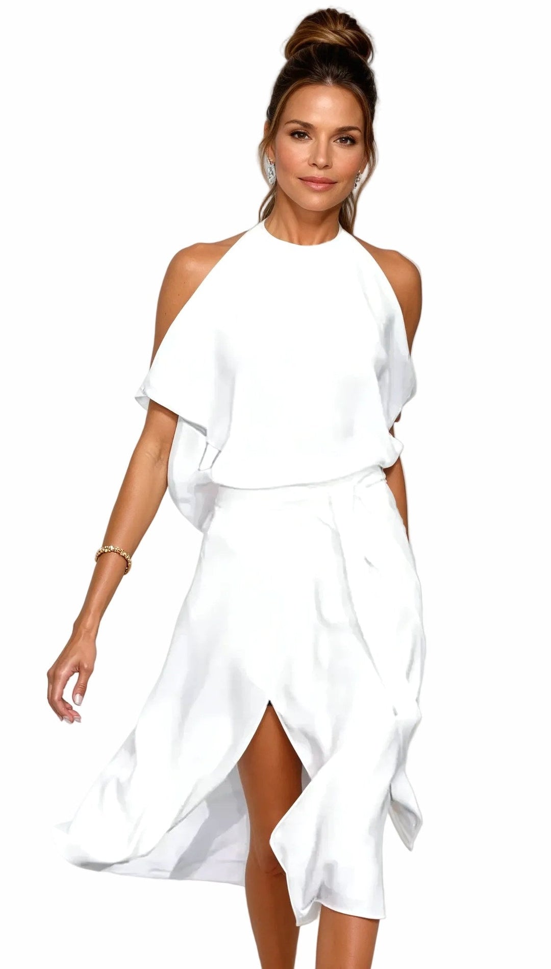 Elegant white women's halter cold shoulder wrap midi dress for evening events. Perfect party or cocktail attire.