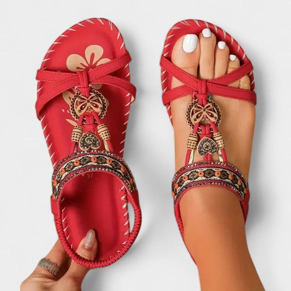 Women's orthopedic T-strap sandals with arch support. Comfortable bohemian flat sandals for summer walking.
