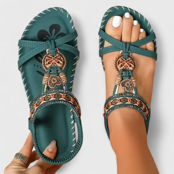 Women's casual T-strap flat sandals with ankle strap. Bohemian style & orthopedic comfort footwear.