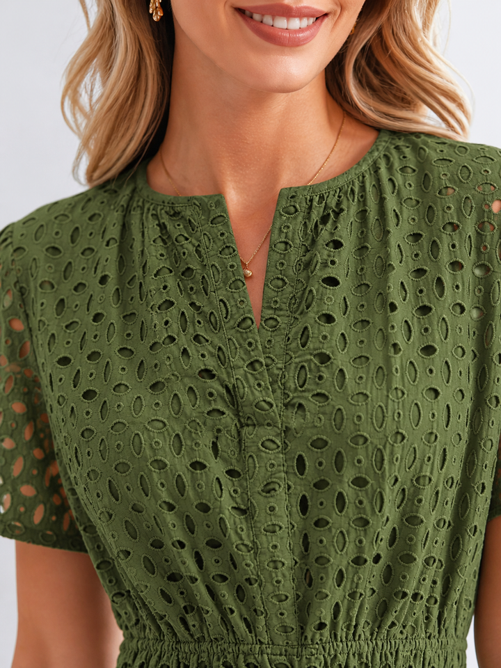 Flowy A-line midi dress for women, featuring delicate eyelet detail and a stylish tiered skirt. Summer essential.
