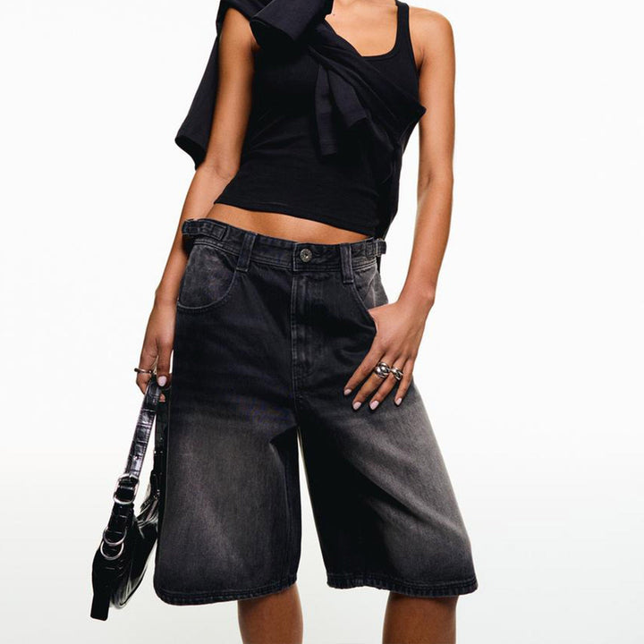 High-waisted relaxed fit women's denim shorts in a light wash, great for everyday summer style.