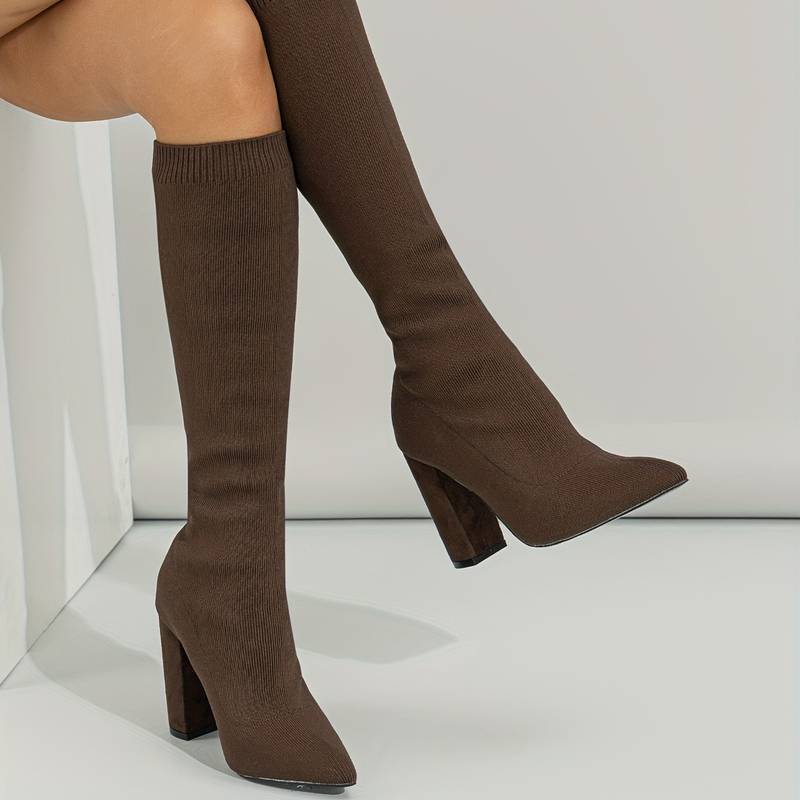 Isla ribbed knit sock boots in black for women, featuring a block heel.