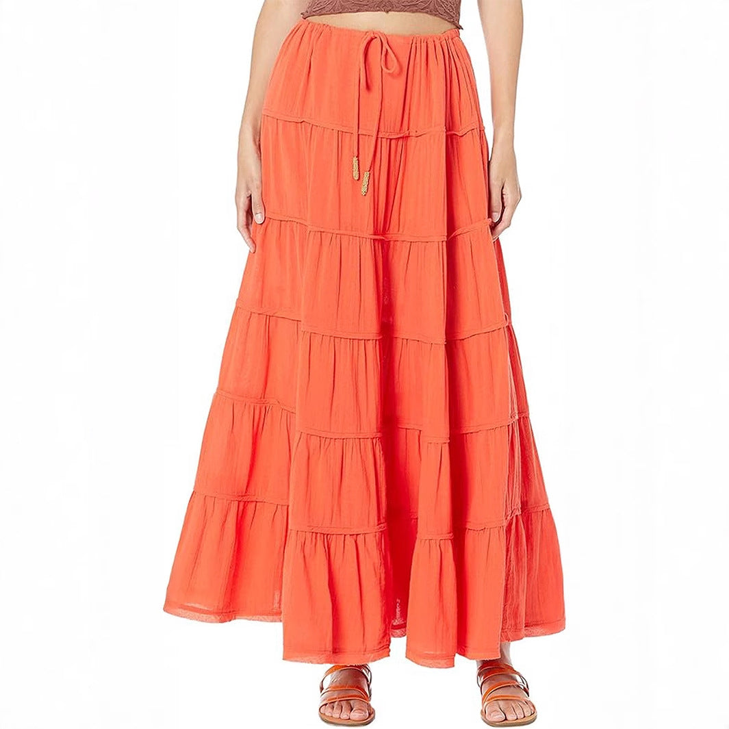 Bohemian tiered midi skirt for women, featuring an elastic waist for a comfortable, flowy fit.