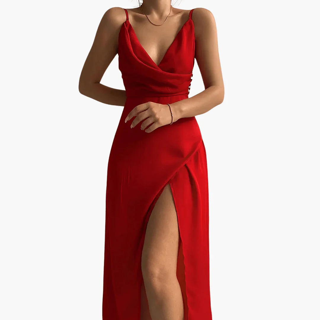 Elegant black wrap front maxi dress for women, featuring a striking thigh split. Ideal for parties & formal wear.