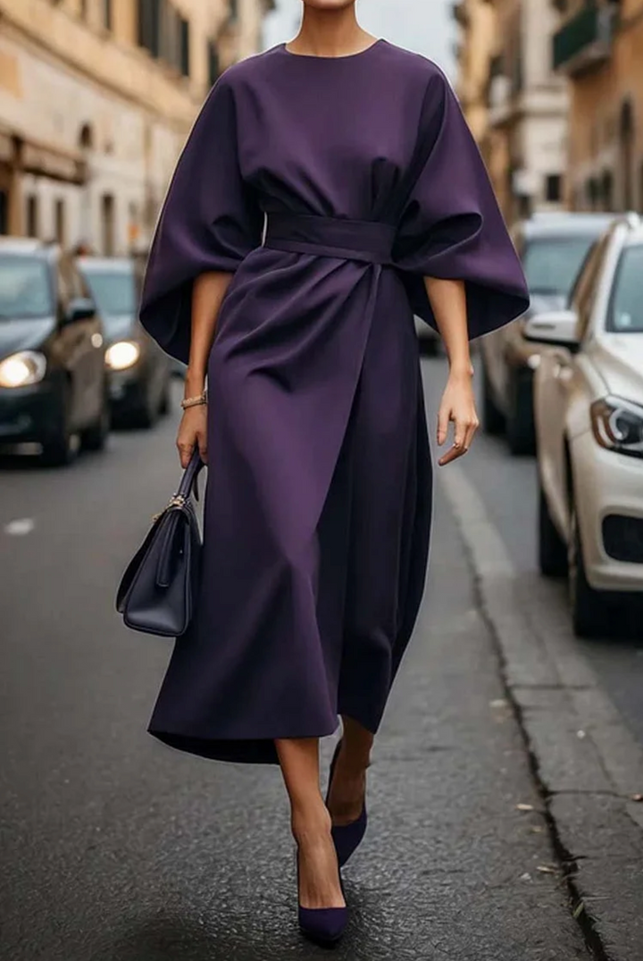 Elegant Ivy belted midi cocktail dress with sophisticated kimono sleeves, ideal for wedding guests & parties.