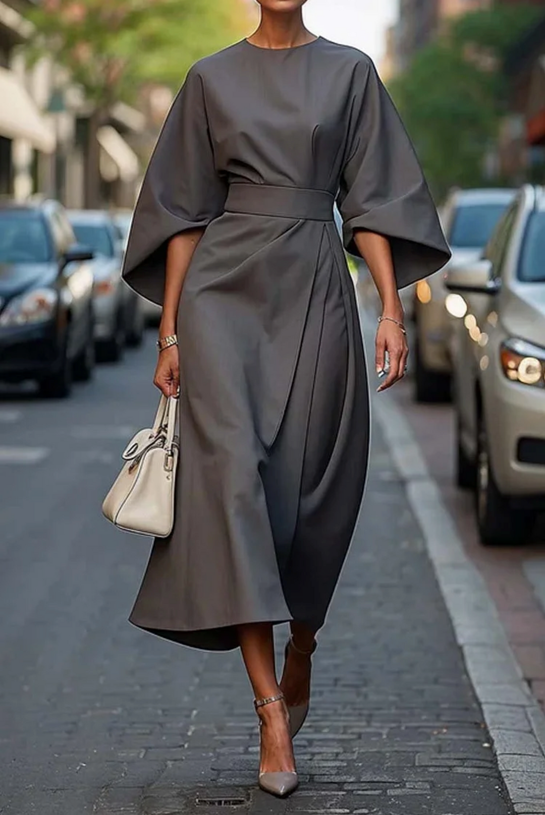 Stunning Ivy Women's elegant midi cocktail dress, a belted design with stylish kimono sleeves for evening events.