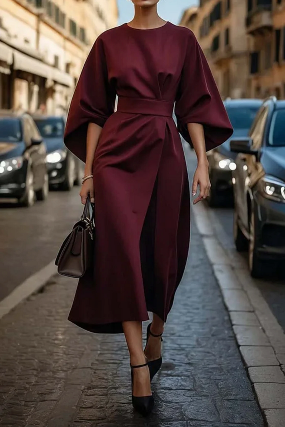 Fashionable Ivy belted women's cocktail dress with unique kimono sleeves, ideal sophisticated evening wear.
