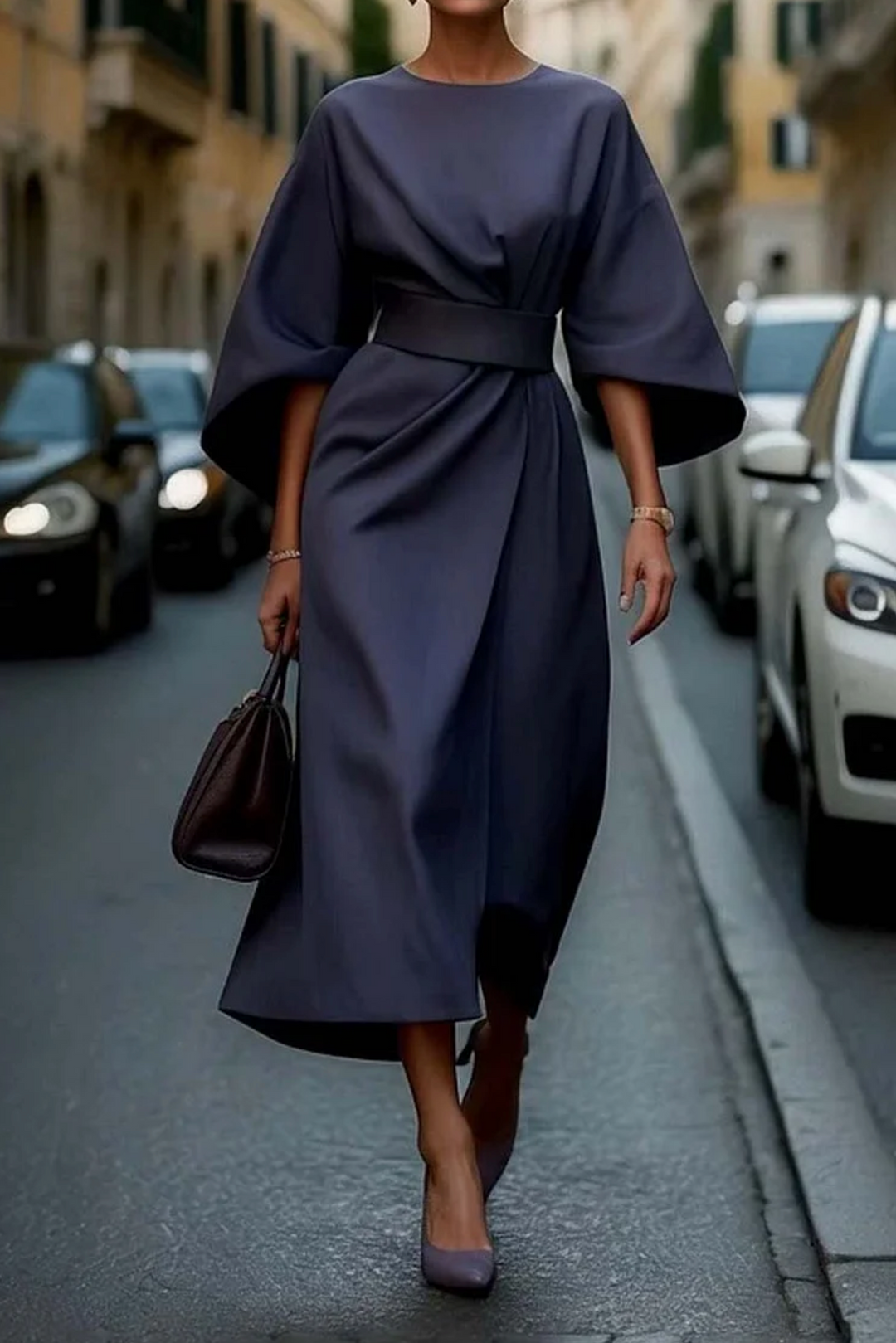 Beautiful Ivy Women's special occasion midi dress, a sophisticated belted cocktail style with elegant kimono sleeves.