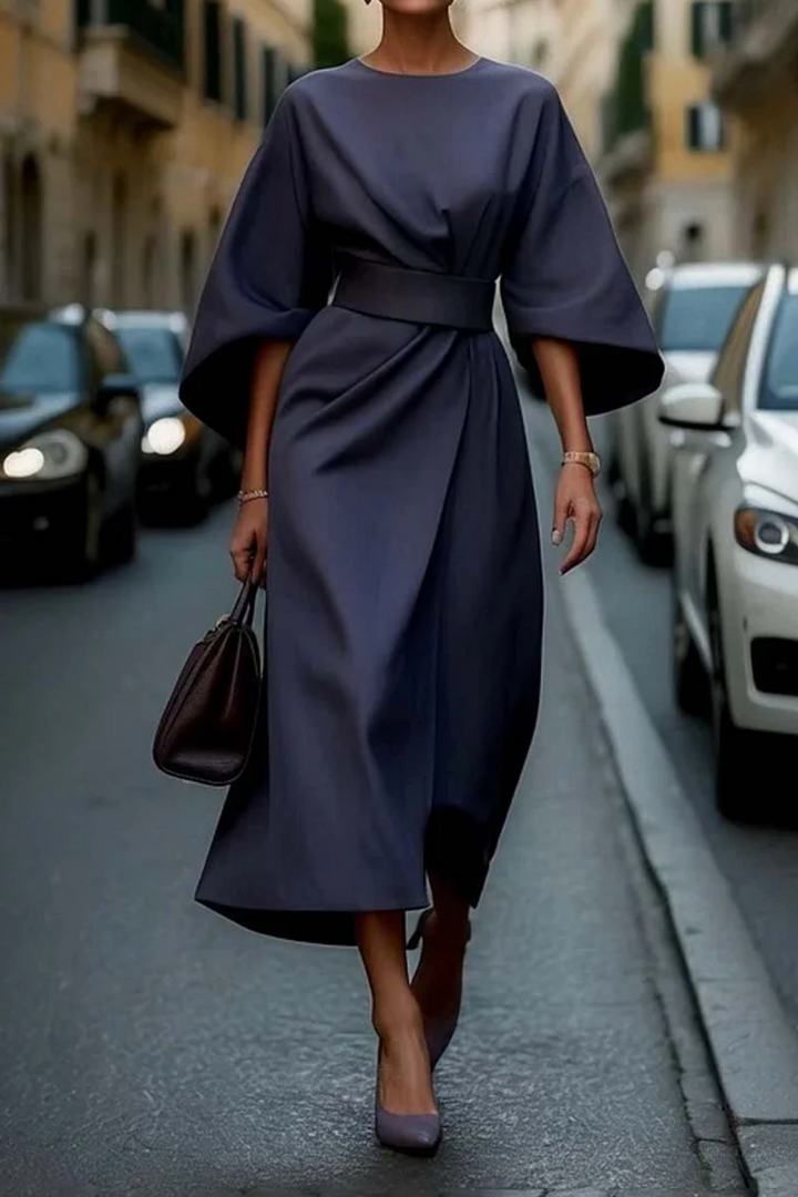 Beautiful Ivy Women's special occasion midi dress, a sophisticated belted cocktail style with elegant kimono sleeves.