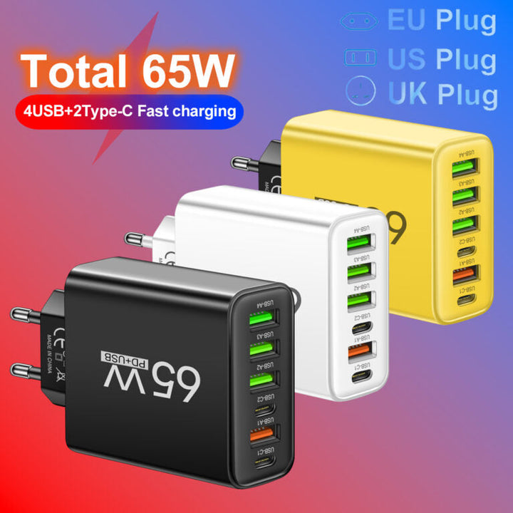 White 6-in-1 multi-port USB fast charger. 65W universal charging station for home and travel.