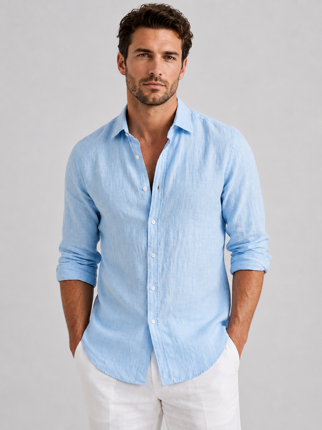 Men's classic relaxed fit button-up casual shirt. Comfortable long sleeve top for versatile summer fashion.