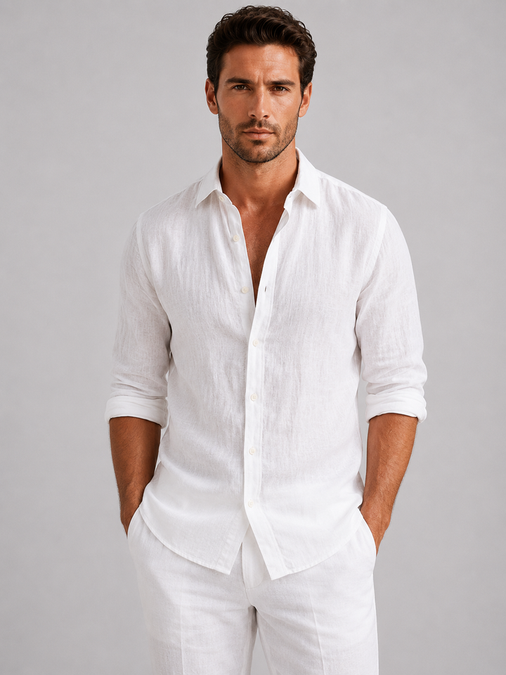 Classic men's button-up shirt with collar. Relaxed fit long sleeve top for casual, comfortable wear.