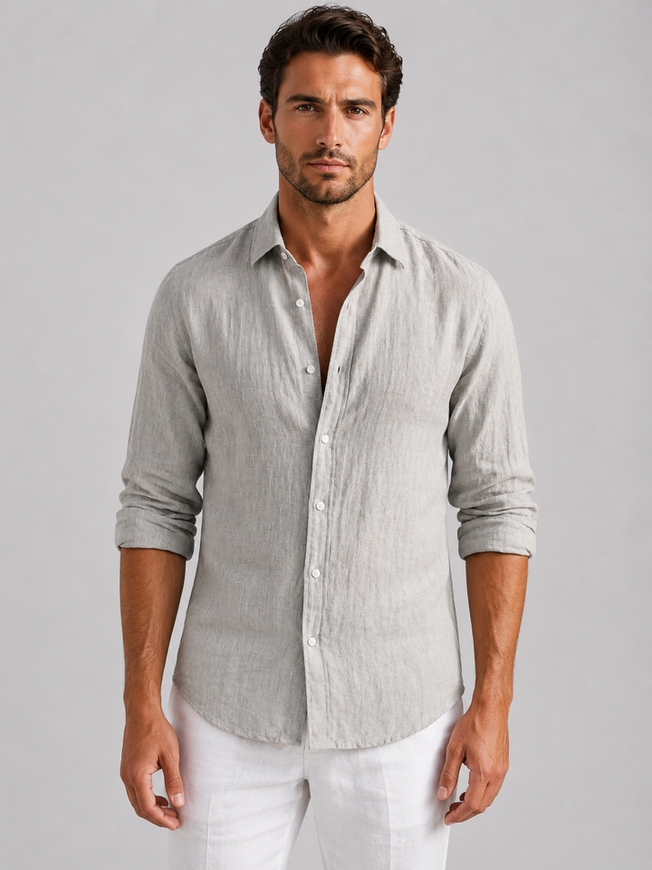Summer casual men's button-up shirt. Relaxed fit, stylish long sleeve top for warm weather comfort.