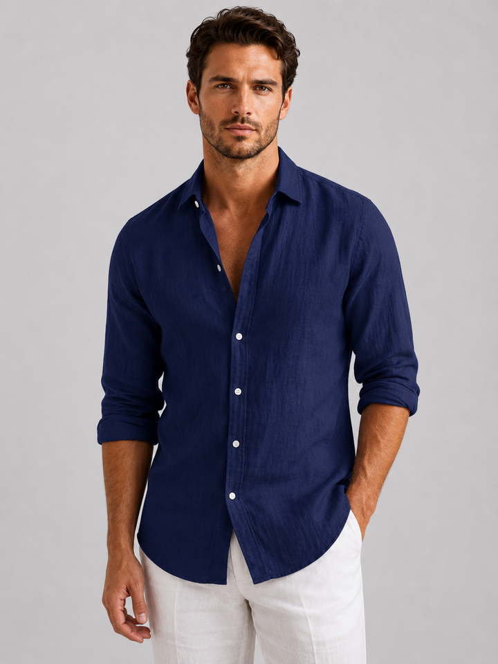 Full view: Men's relaxed fit long sleeve casual button-up shirt. Versatile top for modern men's fashion.