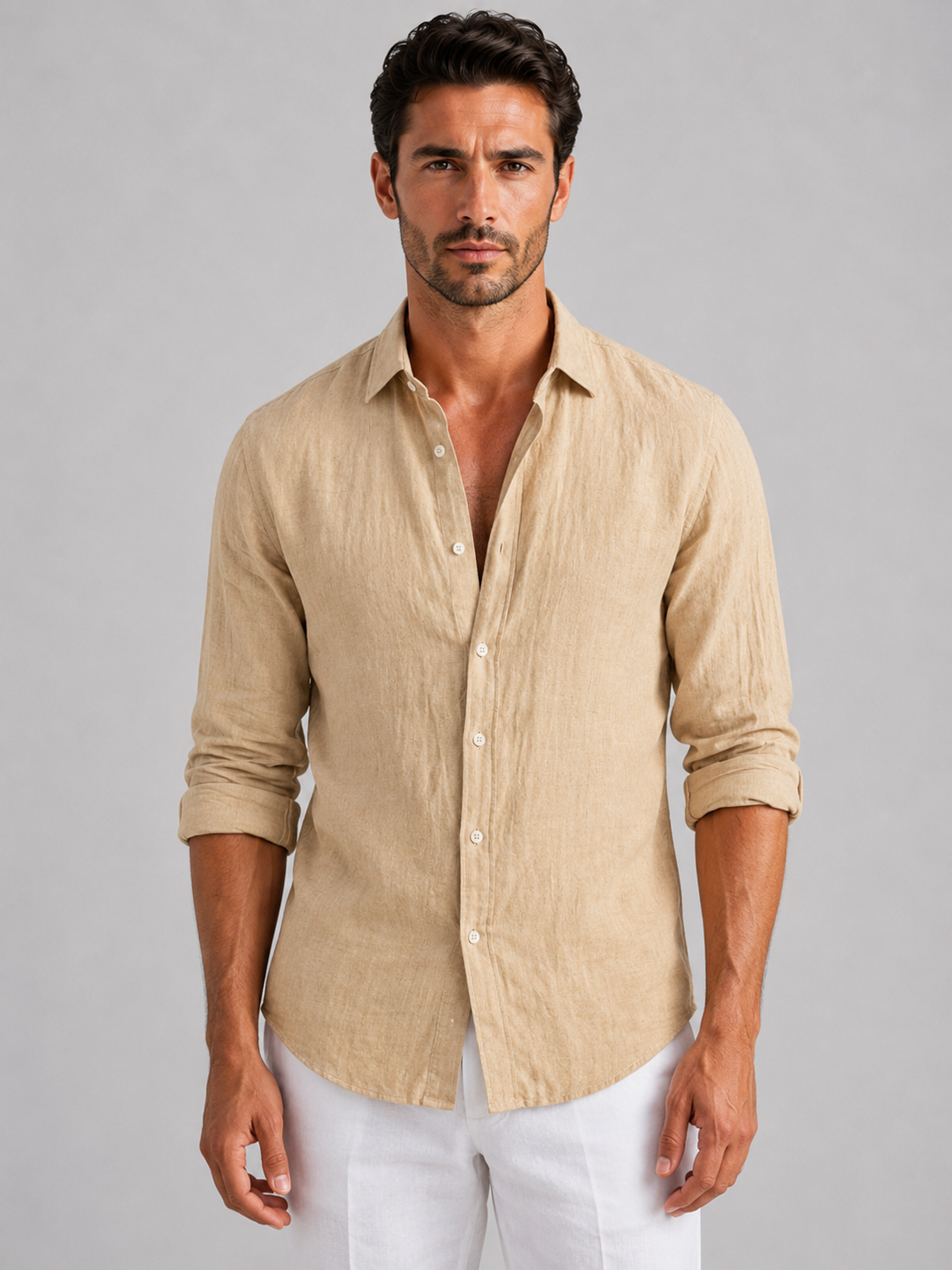 Close-up of comfortable men's relaxed fit button-up shirt. Details of classic casual long sleeve top.