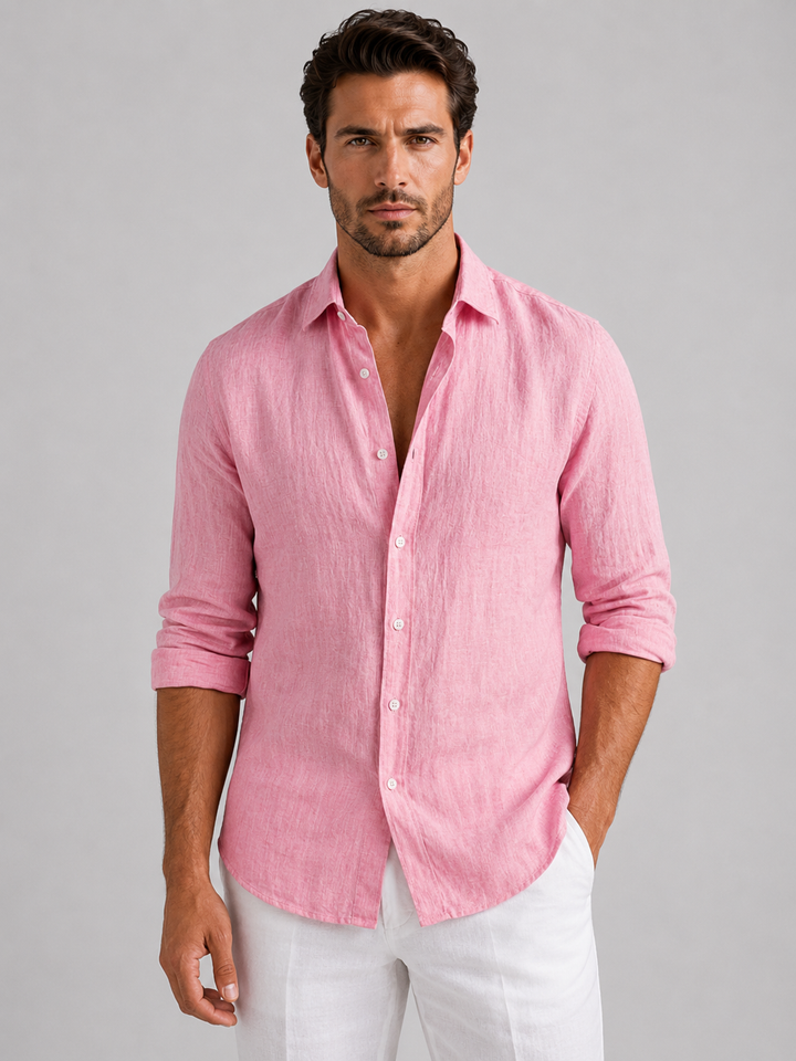 Man wearing classic relaxed fit button-up casual shirt. Showcasing comfortable long sleeve men's fashion.