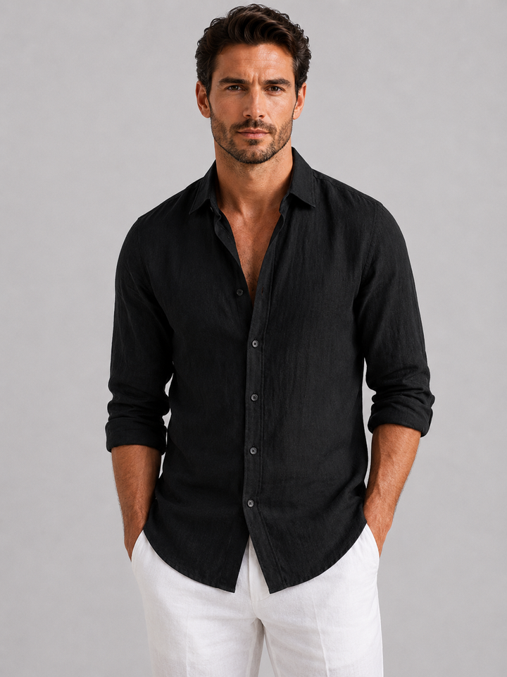 Relaxed fit men's long sleeve casual button-up shirt. A comfortable, versatile collared top for summer.