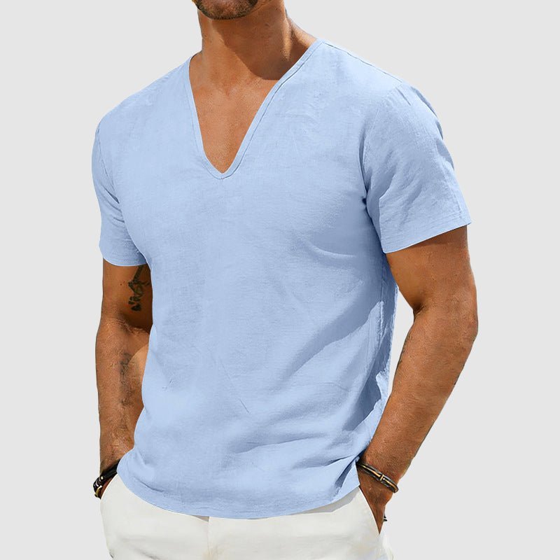 Men's refined V-neck textured t-shirt. Effortless casual style, comfortable relaxed fit for modern everyday wear.