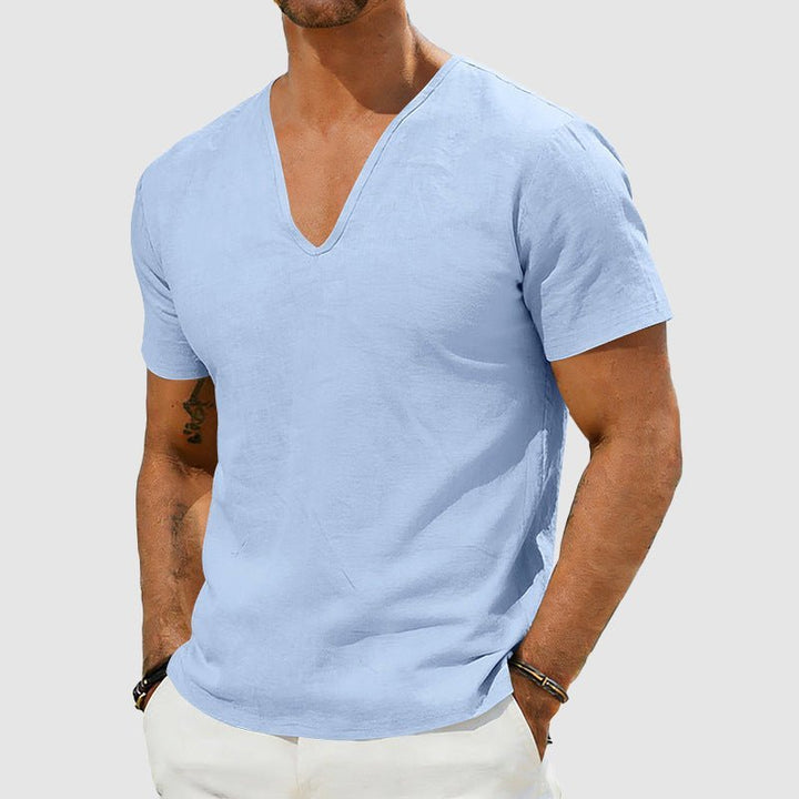 Men's refined V-neck textured t-shirt. Effortless casual style, comfortable relaxed fit for modern everyday wear.