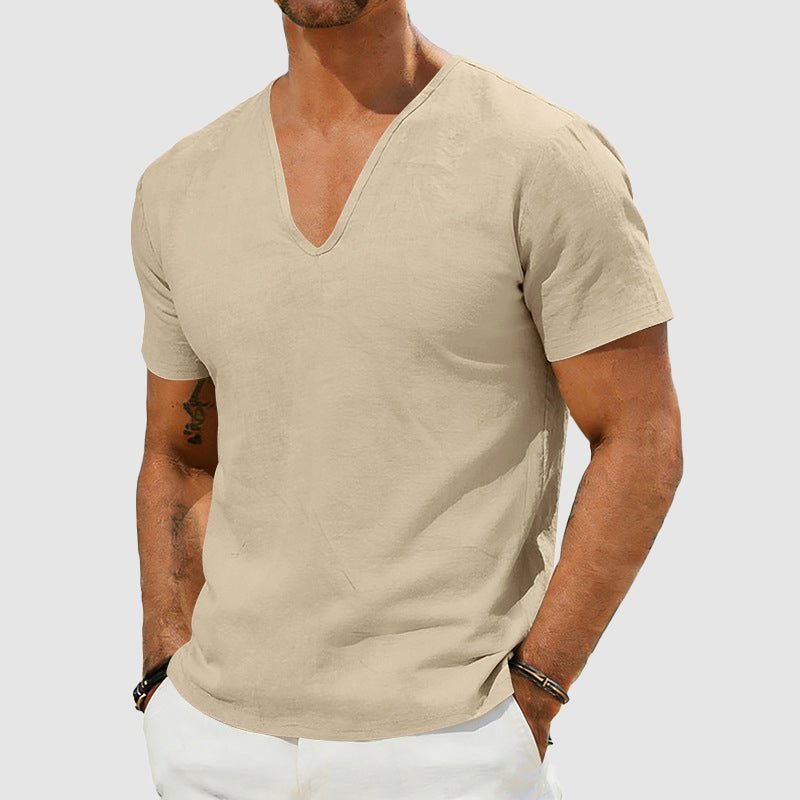 Stylish men's textured V-neck short sleeve t-shirt. Comfortable & versatile for summer fashion & smart casual looks.