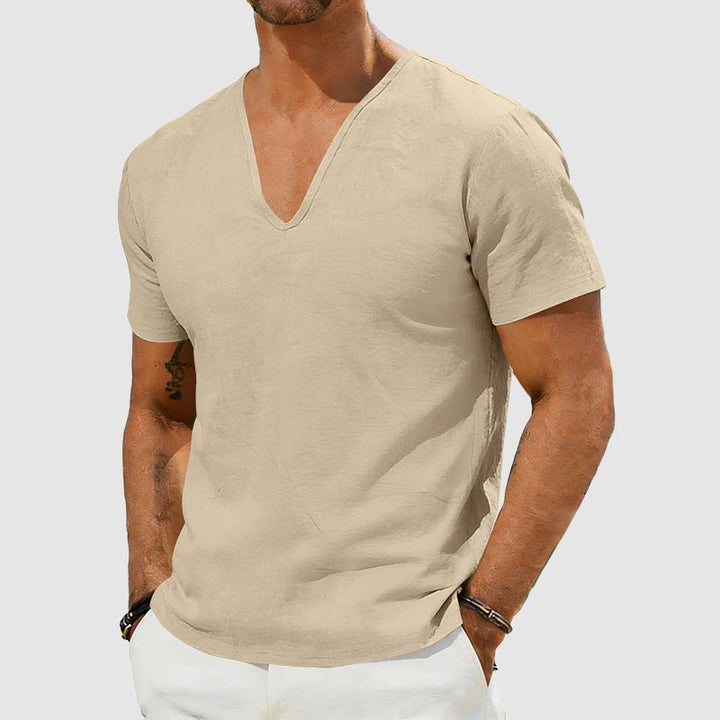 Stylish men's textured V-neck short sleeve t-shirt. Comfortable & versatile for summer fashion & smart casual looks.