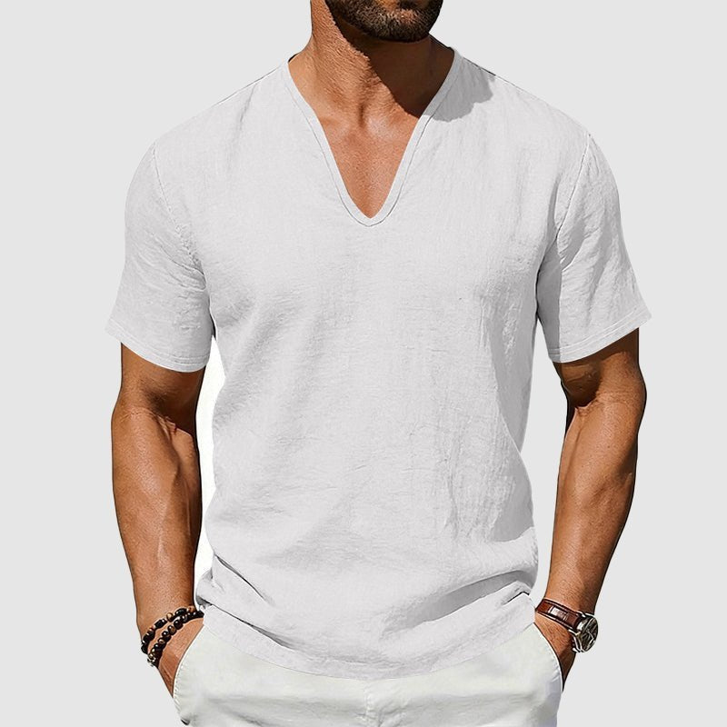 Versatile men's V-neck t-shirt. Textured, short sleeve for effortless style, comfort & smart casual summer fashion.