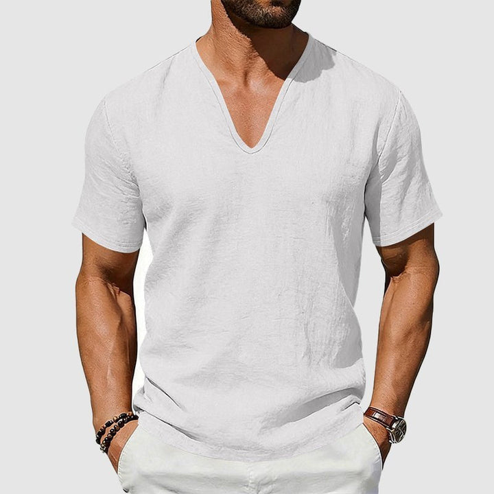 Versatile men's V-neck t-shirt. Textured, short sleeve for effortless style, comfort & smart casual summer fashion.