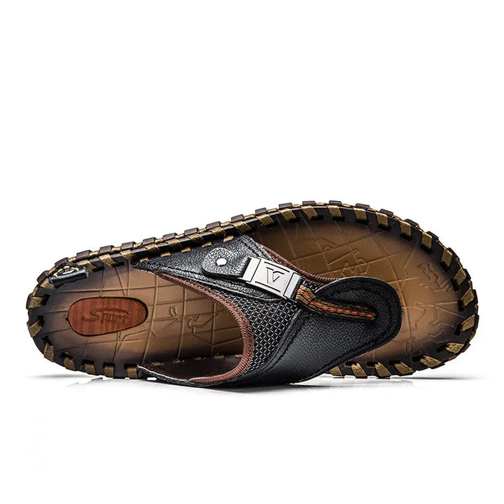 Side profile of comfortable men's braided thong sandals, ideal for beach, poolside, and casual summer activities.