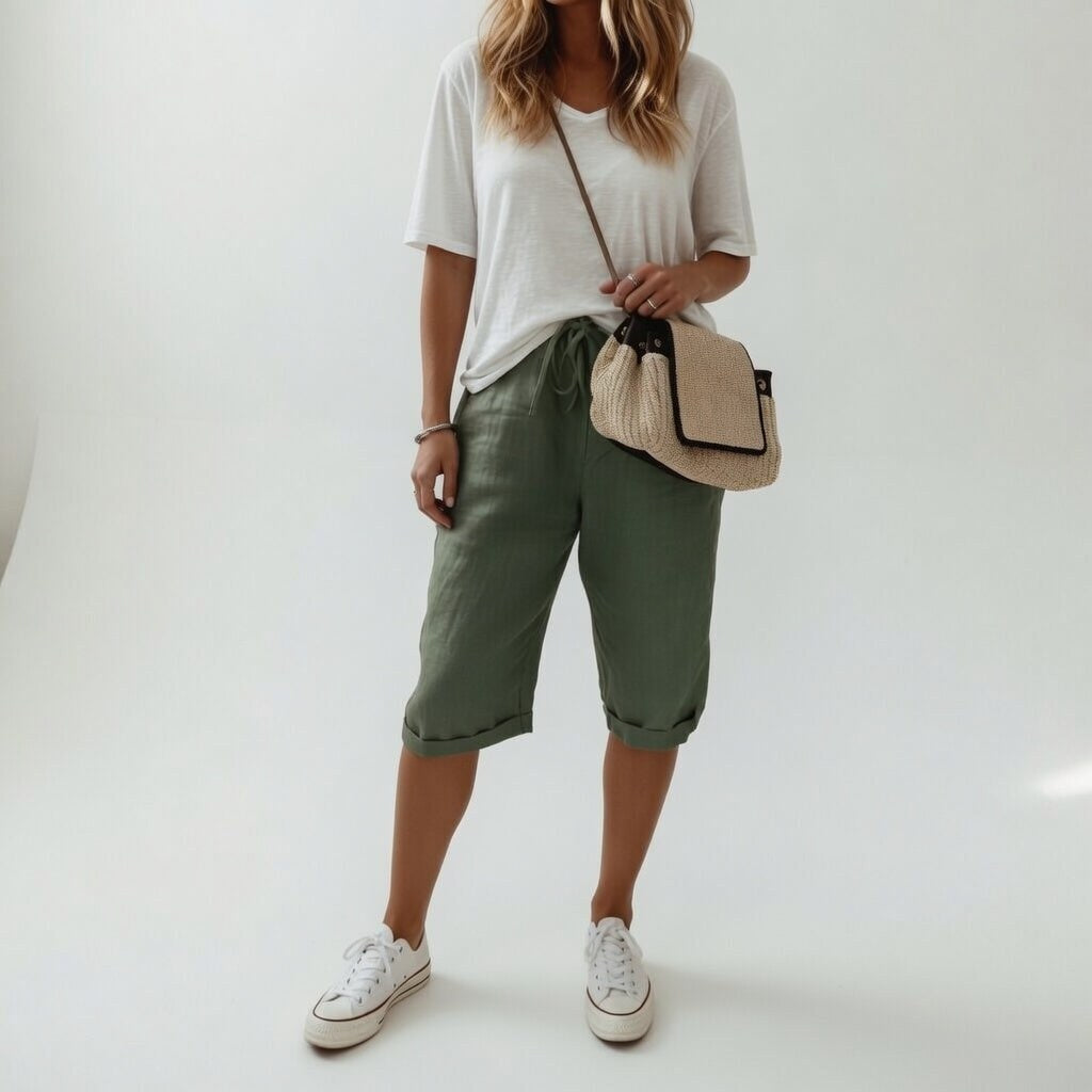 Front view of women's relaxed Bermuda shorts, designed for ultimate warm weather comfort.