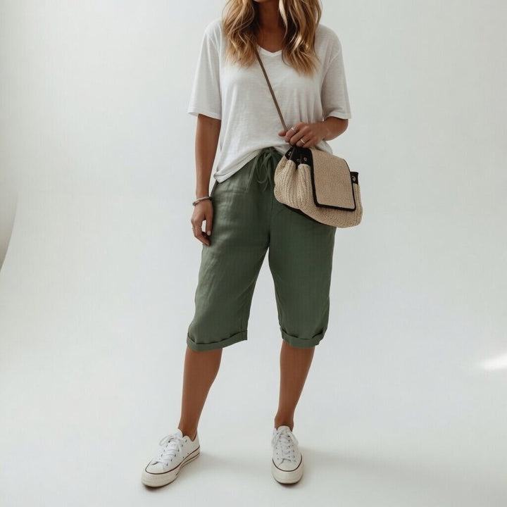Front view of women's relaxed Bermuda shorts, designed for ultimate warm weather comfort.