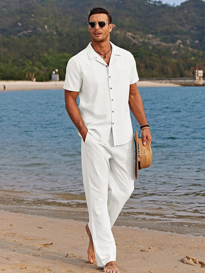 Men's lightweight camp collar shirt & trousers set, relaxed fit for summer vacation & casual travel.