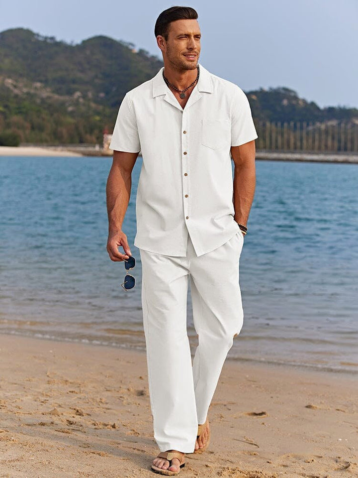 Stylish men's lightweight camp collar shirt & trousers set. Relaxed fit co-ord for comfortable summer fashion.