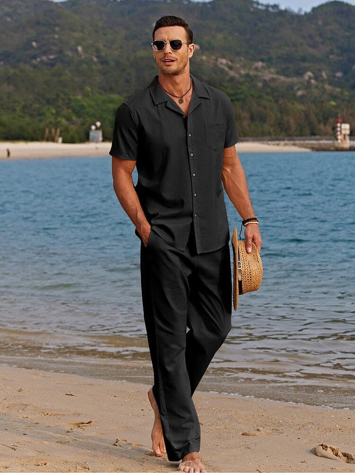 Versatile men's lightweight camp collar shirt & trousers set. Ideal summer outfit for travel & relaxed casual wear.