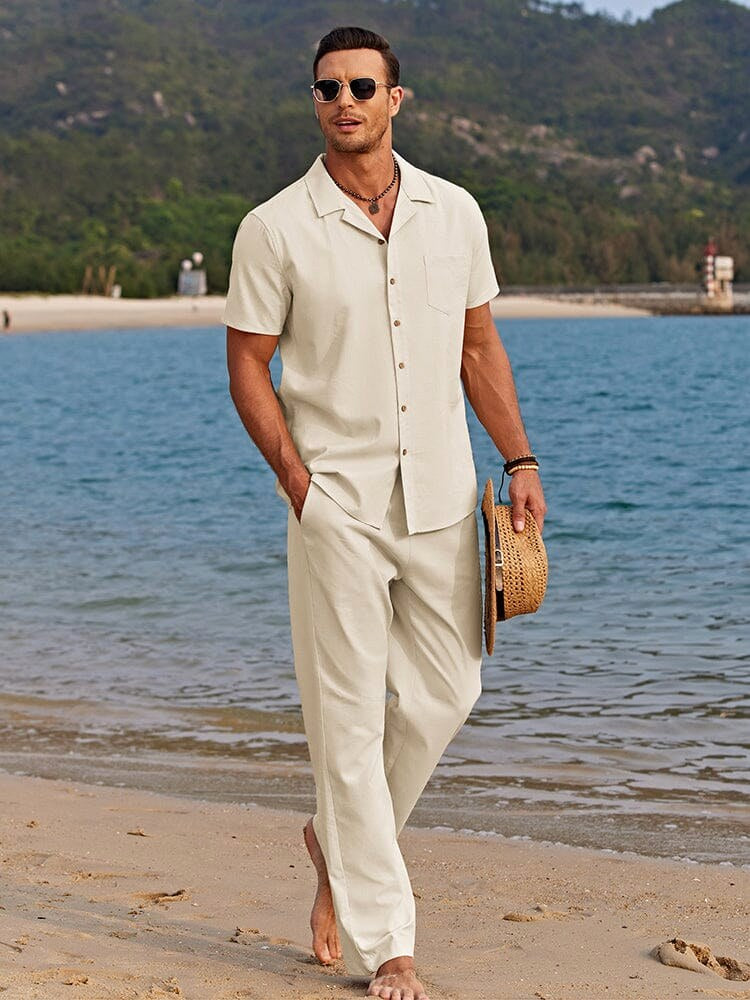 Complete men's lightweight summer outfit: camp collar shirt & matching trousers set. Perfect for relaxed vacation wear.