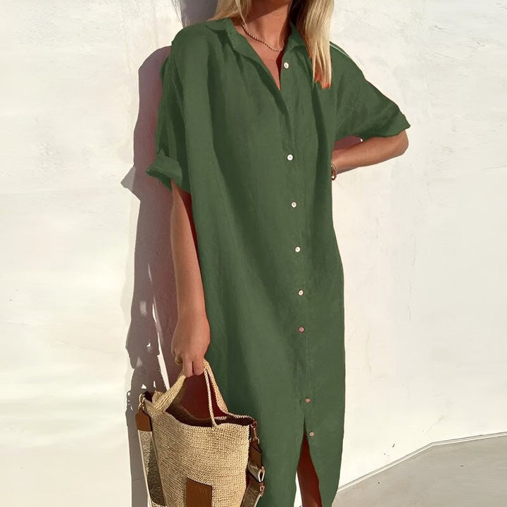 Women's lightweight shirt dress, relaxed fit, button-down front, perfect for casual summer days or spring outings.