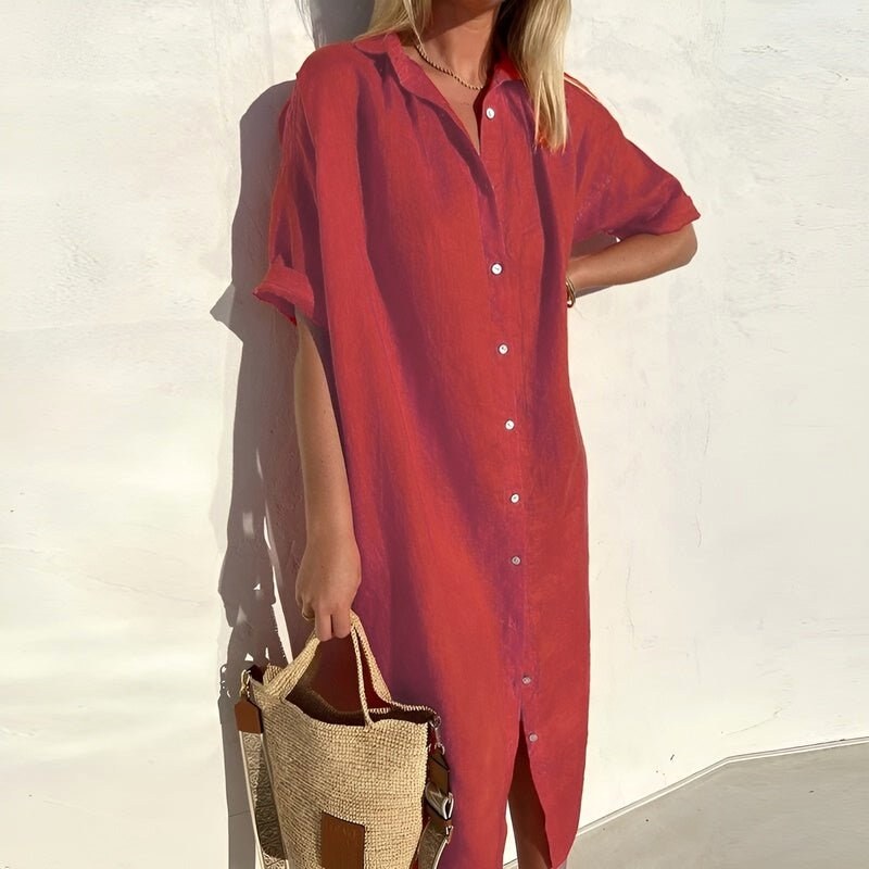 Effortless women's lightweight shirt dress with short sleeves, ideal for breathable, versatile summer and spring fashion.