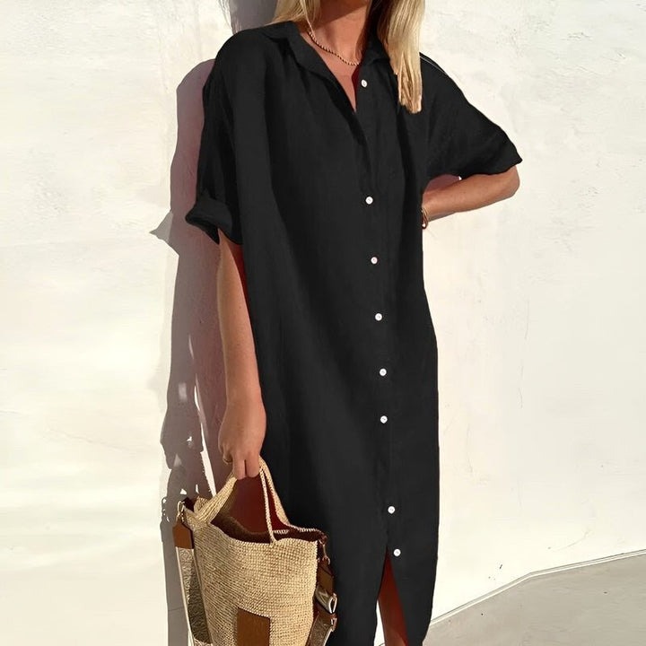 Stylish women's day dress, a versatile button-down shirt dress for spring and summer, offering comfort and chic style.