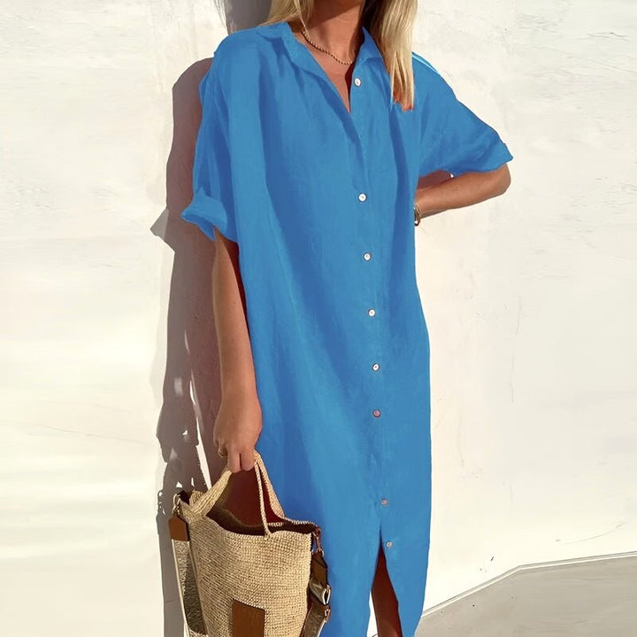 Comfortable women's short-sleeve shirt dress, a relaxed fit button-down perfect as a casual summer or spring day dress.